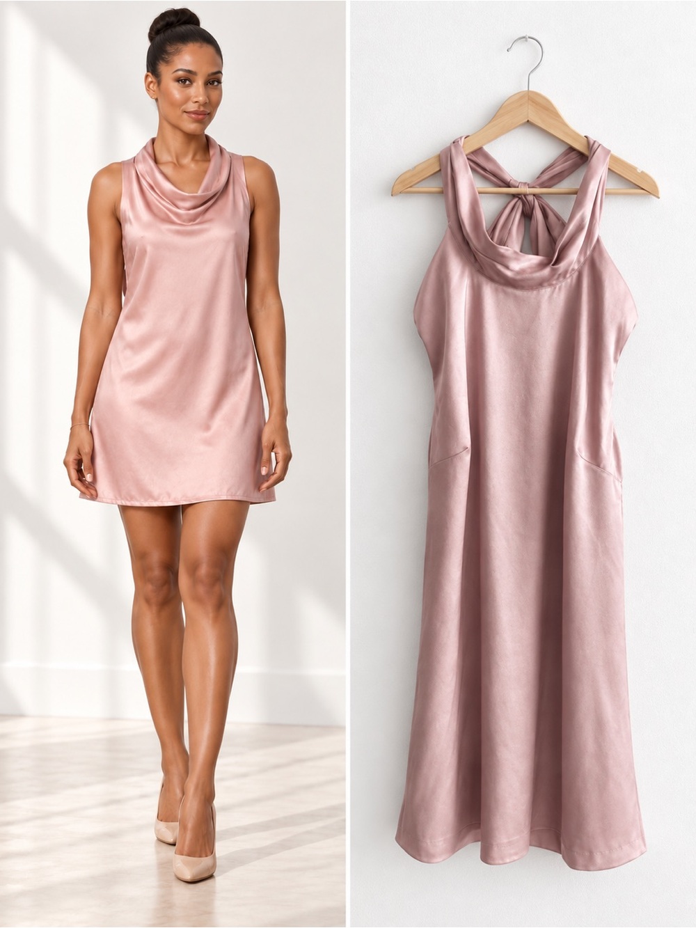Daily Drills Backless Satin Backless Mini Dress Blush Pink Bow Tie Neck Tie Sz M